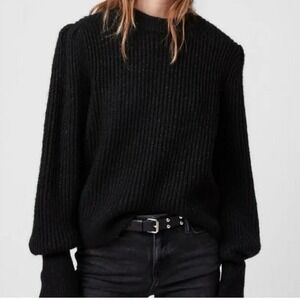 AllSaints Myra Shine Wool Blend Women's Sweater Puff Shoulders in Black Size S